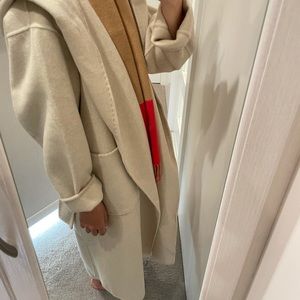 Double face wool-blend h hooded wrap coat, beige